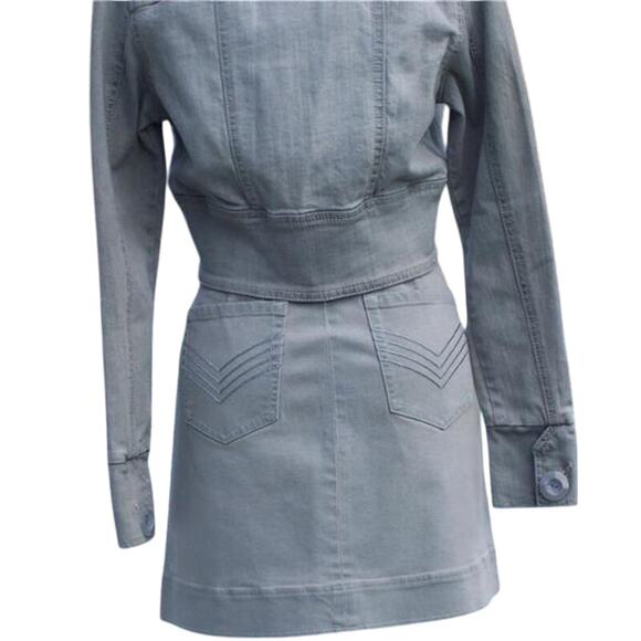 Cache Blue Gray Denim Wrap Ruched Skirt Off Set Side Zip Pull Stretch $98 NWT - Picture 3 of 4